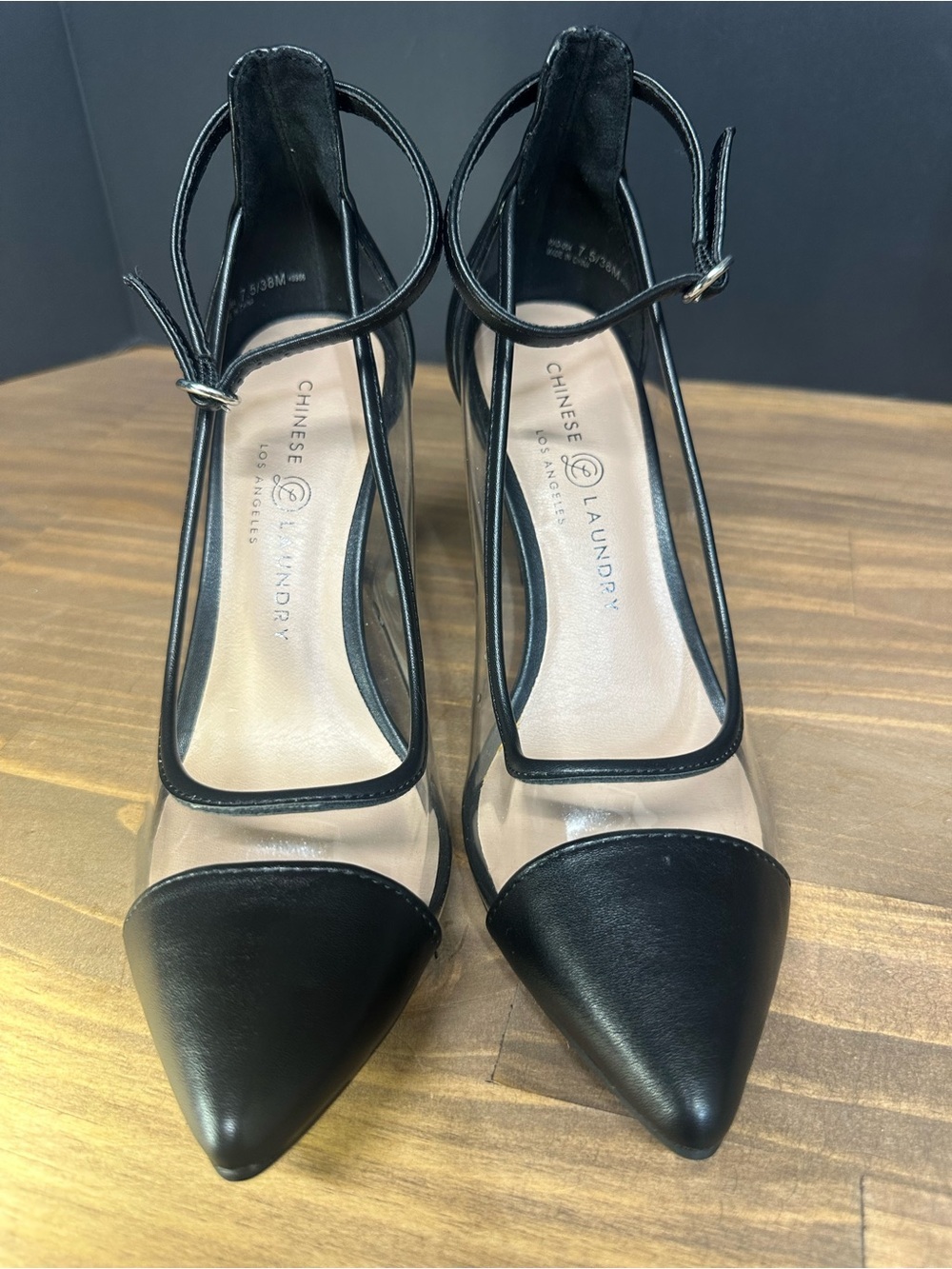 Chinese Laundry Black Pointed-Toe Clear Panel Ankle-Strap Heels - Picture 2 of 7